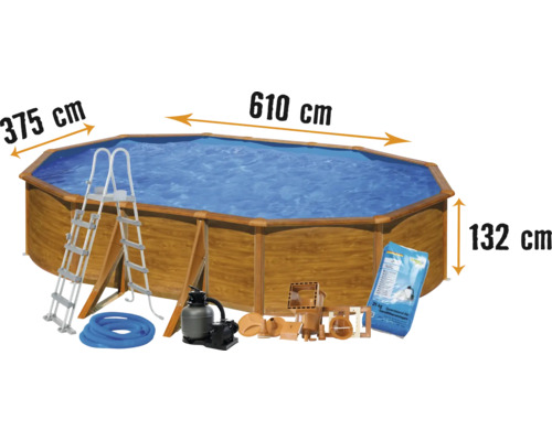 Aufstellpool Stahlwandpool-Set Planet Pool Solo oval 610x375x132 cm inkl. Sandfilteranlage, Einbauskimmer, Leiter, Filtersand & Anschlussschlauch Holzoptik