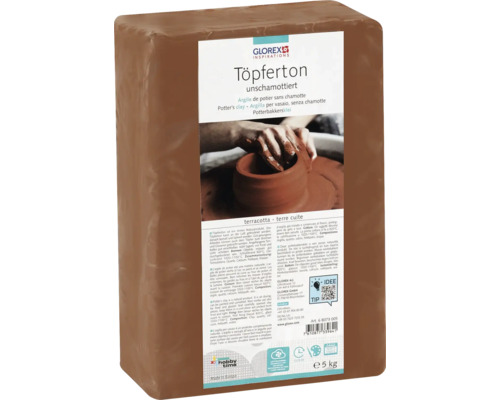 Töpferton Modelliermasse gebrauchsfertig unschamottiert ofenhärtend terracotta 5 kg Block ungeschlämmter Töpferton, Gewicht fünf Kilogramm