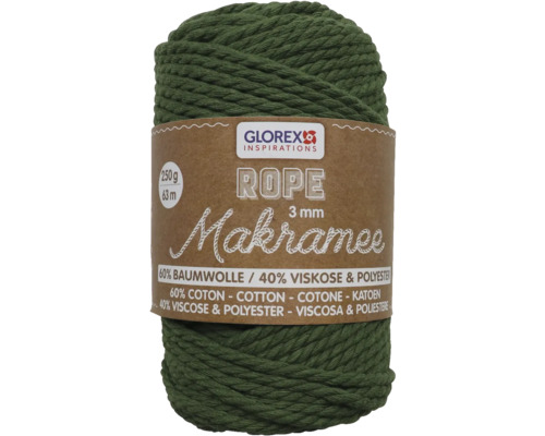 Glorex Makramee Seil, 3 mm Durchmesser, 250 g, 63 m lang, Materialzusammensetzung: 60 % Baumwolle, 40 % Viskose und Polyester