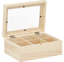Geöffnete Teebox aus Holz mit acht Fächern und Sichtfenster im Deckel