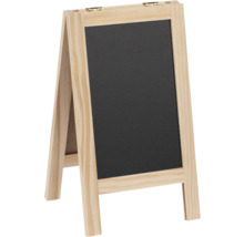Tafelförmiger Aufsteller aus Holz mit schwarzer Schreibfläche