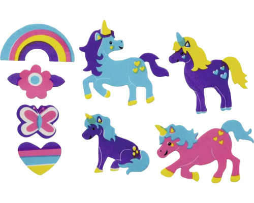 Verschiedene Aufkleber mit Einhorn-, Regenbogen-, Blumen-, Schmetterlings- und Herzmotiven
