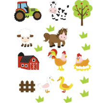 Illustration von Bauernhoftieren, einem Traktor und einer Scheune