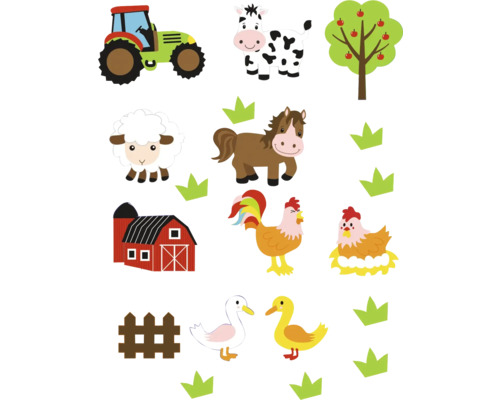 Illustration von Bauernhoftieren, einem Traktor und einer Scheune