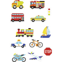 Illustration verschiedener Fahrzeuge wie Lastwagen, Feuerwehrauto, Bus, Taxi, Zug, Segelboot, Polizeiauto, Fahrrad, Motorrad, Flugzeug und ein Stoppschild sowie eine Ampel.