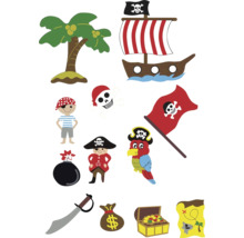 Illustration mit Piratenmotiven: Schiff, Schatzkarte, Pirat, Papagei, Palme und Flagge