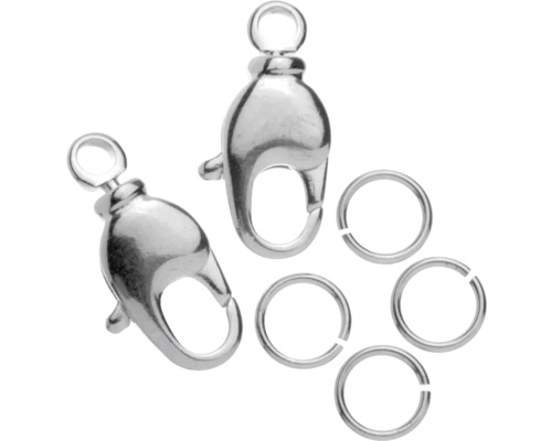 Zwei Karabinerverschlüsse und vier Biegeringe aus Metall