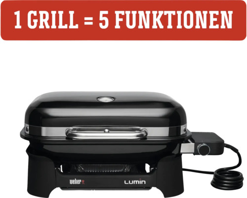 Elektrogrill mit der Aufschrift 1 Grill gleich 5 Funktionen