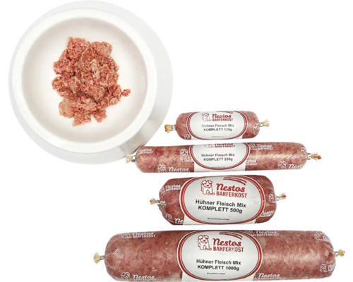 Rohfuttermittel Barf Frostfutter Nestos Huhn komplett 500g Nestos Barferkost Hühner Fleisch Mix in verschiedenen Größen und eine Schale mit Hackfleisch