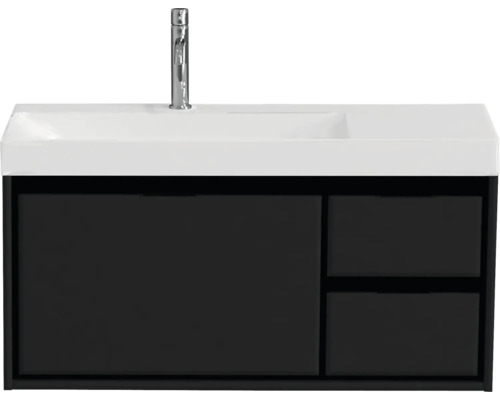 Waschbeckenunterschrank Sanox Loft Keramik 52,5x101x46 cm mit Keramikwaschbecken 3 Schubladen und Doppelauszug rechts schwarz matt