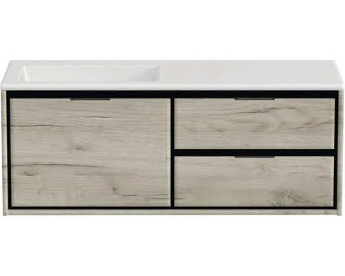 Waschtischunterschrank mit zwei Schubladen und einer Tür in Holzoptik