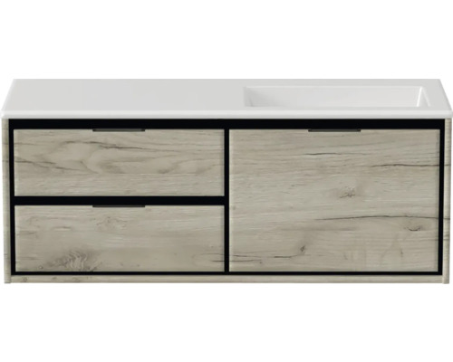 Waschtischunterschrank mit zwei Schubladen und einer Tür im Holzdesign