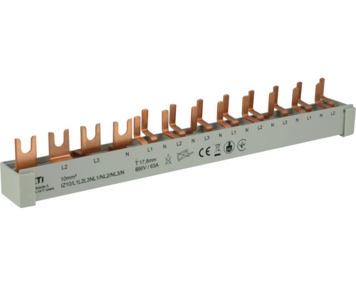 Gabel-Sammelschiene e2, 4-polig 12TE 10 mm² inkl. Endkappen Potenzialverteiler mit Kupferkontakten für elektrische Installationen