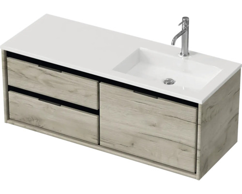 Waschbeckenunterschrank Sanox Loft 47x120,5x45,5 cm mit Mineralgusswaschbecken 3 Schubladen und Doppelauszug 60 cm links craft oak/weiß matt