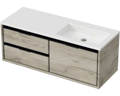 Waschbeckenunterschrank Sanox Loft 47x120,5x45,5 cm mit Mineralgusswaschbecken ohne Hahnloch 3 Schubladen und Doppelauszug 60 cm links craft oak/weiß matt Waschtischunterschrank mit Auszügen und eingelassenem Waschbecken