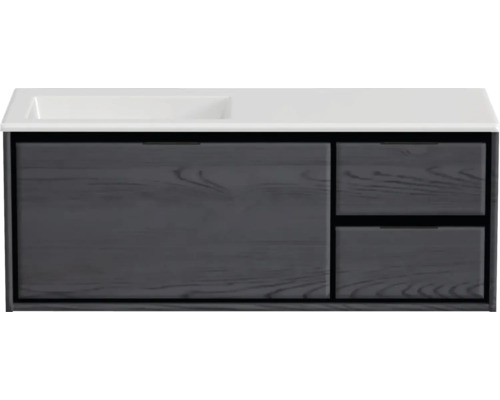 Waschbeckenunterschrank Sanox Loft 47x120,5x45,5 cm mit Mineralgusswaschbecken ohne Hahnloch 3 Schubladen und Doppelauszug 35 cm rechts black oak/weiß matt Waschtischunterschrank mit Waschbecken
