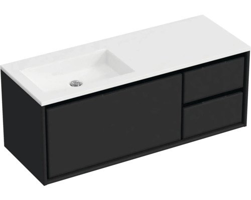Waschbeckenunterschrank Sanox Loft 47x120,5x45,5 cm mit Mineralgusswaschbecken ohne Hahnloch 3 Schubladen und Doppelauszug 35 cm rechts schwarz matt/weiß matt Waschtischunterschrank mit Schubladen und Waschtisch