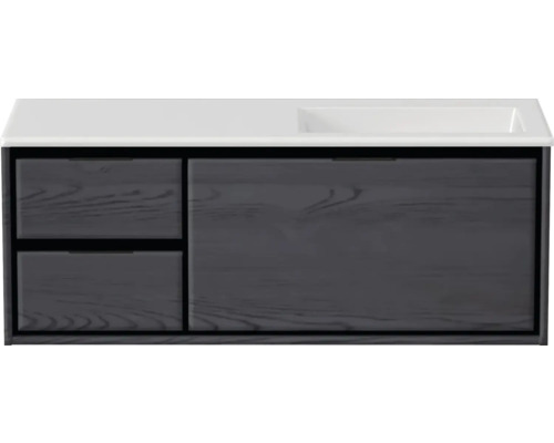 Waschbeckenunterschrank Sanox Loft 47x120,5x45,5 cm mit Mineralgusswaschbecken ohne Hahnloch 3 Schubladen und Doppelauszug 35 cm links black oak/weiß matt Waschtischunterschrank mit Schubladen und Waschbecken
