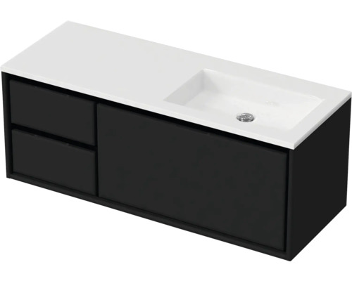 Waschbeckenunterschrank Sanox Loft 47x120,5x45,5 cm mit Mineralgusswaschbecken ohne Hahnloch 3 Schubladen und Doppelauszug 35 cm links schwarz matt/weiß matt Waschtischunterschrank mit zwei Schubladen und einem Waschbecken