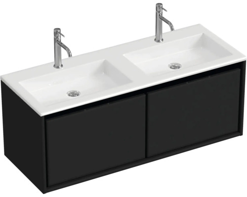 Waschtischunterschrank mit zwei Waschbecken und zwei Armaturen