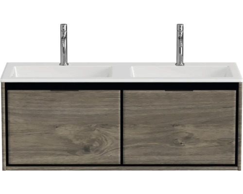 Waschtisch mit zwei Waschbecken und Holzoptik Unterschrank