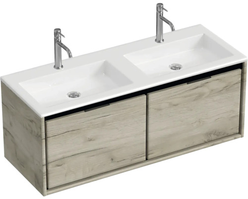 Waschtisch mit zwei Waschbecken und Unterschrank mit zwei Schubladen