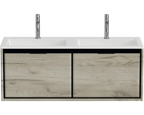 Waschtisch mit zwei Waschbecken und Unterschrank mit Holzoptik