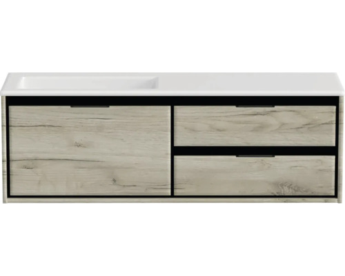 Waschbeckenunterschrank Sanox Loft 47x140,5x45,5 cm mit Mineralgusswaschbecken ohne Hahnloch 3 Schubladen und Doppelauszug 70 cm rechts craft oak Waschbeckenunterschrank Sanox Loft 47x140,5x45,5 cm mit Mineralgusswaschbecken ohne Hahnloch 3 Schubladen und Doppelauszug 70 cm rechts craft oak
