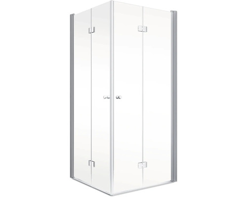 Eckdusche mit klaren Glastüren und silberfarbenen Beschlägen
