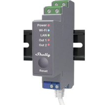 Shelly Logo auf grauem Hutschienen-Schaltgerät mit LEDs für Power, WLAN und LAN