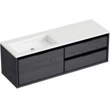 Waschbeckenunterschrank Sanox Loft 47x140,5x45,5 cm mit Mineralgusswaschbecken ohne Hahnloch 3 Schubladen und Doppelauszug 70 cm rechts black oak/weiß matt