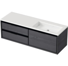 Waschbeckenunterschrank Sanox Loft 47x140,5x45,5 cm mit Mineralgusswaschbecken ohne Hahnloch 3 Schubladen und Doppelauszug 70 cm links black oak/weiß matt