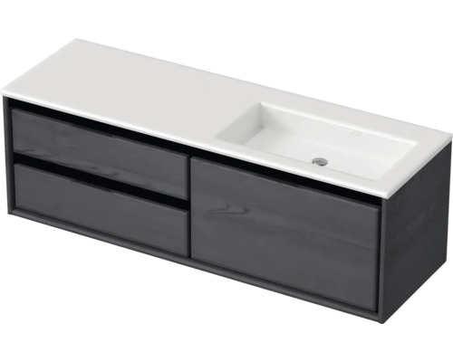 Waschbeckenunterschrank Sanox Loft 47x140,5x45,5 cm mit Mineralgusswaschbecken ohne Hahnloch 3 Schubladen und Doppelauszug 70 cm links black oak/weiß matt Waschtischunterschrank mit zwei Schubladen und Aufsatzwaschbecken