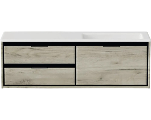 Waschbeckenunterschrank Sanox Loft 47x140,5x45,5 cm mit Mineralgusswaschbecken ohne Hahnloch 3 Schubladen und Doppelauszug 70 cm links craft oak/weiß matt Waschtischunterschrank mit zwei Schubladen und einem Waschbecken