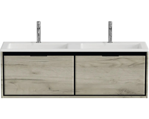 Waschtischunterschrank mit zwei Waschbecken und zwei Schubladen in Holzoptik