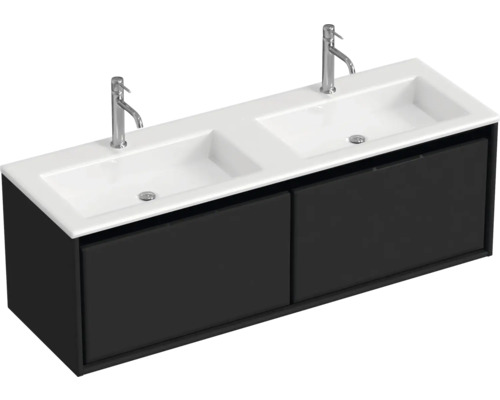 Waschbeckenunterschrank Sanox Loft 47x140,5x45,5 cm mit Doppel-Mineralgusswaschbecken schwarz matt/weiß matt Waschbeckenunterschrank Sanox Loft 47x140,5x45,5 cm mit Doppel-Mineralgusswaschbecken schwarz matt/weiß matt
