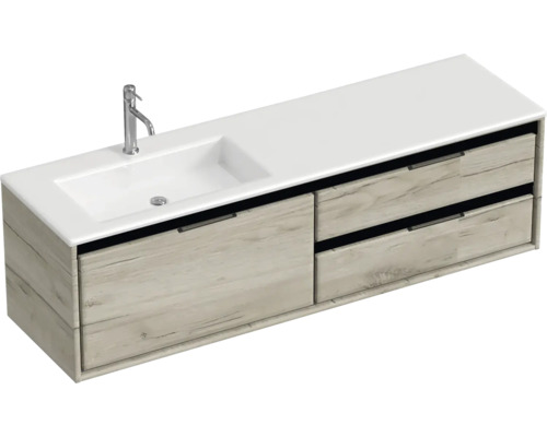 Waschbeckenunterschrank Sanox Loft 47x160,5x45,5 cm mit Mineralgusswaschbecken 3 Schubladen und Doppelauszug 70 cm rechts craft oak Waschbeckenunterschrank Sanox Loft 47x160,5x45,5 cm mit Mineralgusswaschbecken 3 Schubladen und Doppelauszug 70 cm rechts craft oak