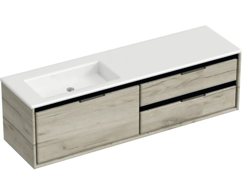 Waschbeckenunterschrank Sanox Loft 47x160,5x45,5 cm mit Mineralgusswaschbecken ohne Hahnloch 3 Schubladen und Doppelauszug 70 cm rechts craft oak Waschbeckenunterschrank Sanox Loft 47x160,5x45,5 cm mit Mineralgusswaschbecken ohne Hahnloch 3 Schubladen und Doppelauszug 70 cm rechts craft oak