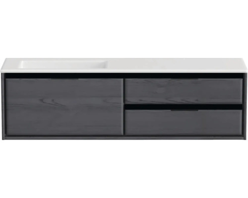 Waschbeckenunterschrank Sanox Loft 47x160,5x45,5 cm mit Mineralgusswaschbecken ohne Hahnloch 3 Schubladen und Doppelauszug 70 cm rechts black oak/weiß matt Hängender Waschtischunterschrank mit zwei Schubladen und einem Waschbecken