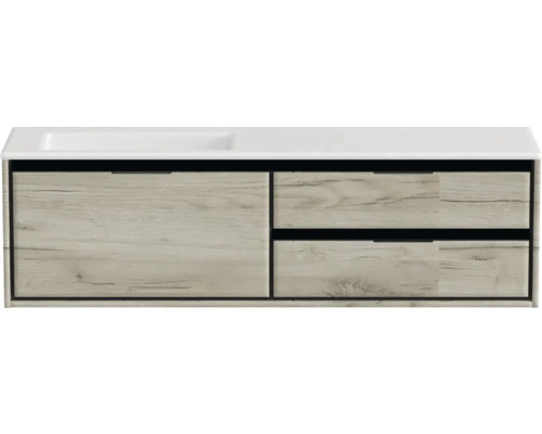 Waschbeckenunterschrank Sanox Loft 47x160,5x45,5 cm mit Mineralgusswaschbecken ohne Hahnloch 3 Schubladen und Doppelauszug 70 cm rechts craft oak/weiß matt Waschtischunterschrank mit Schubladen und Holzdekor