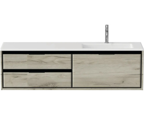 Waschtischunterschrank mit zwei Schubladen, einem Waschbecken und einer Armatur.