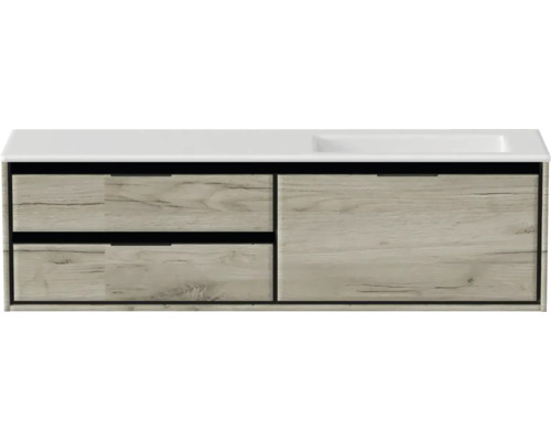Waschbeckenunterschrank Sanox Loft 47x160,5x45,5 cm mit Mineralgusswaschbecken ohne Hahnloch 3 Schubladen und Doppelauszug 70 cm links craft oak Waschbeckenunterschrank Sanox Loft 47x160,5x45,5 cm mit Mineralgusswaschbecken ohne Hahnloch 3 Schubladen und Doppelauszug 70 cm links craft oak