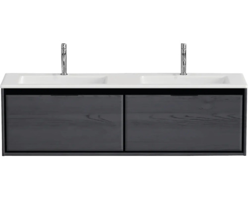 Waschtischunterschrank mit zwei Waschbecken und zwei Armaturen