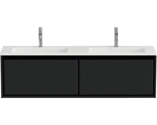 Waschtischunterschrank mit zwei Waschbecken und zwei Armaturen