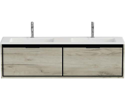 Waschtischunterschrank mit zwei Waschbecken und Holzoptik