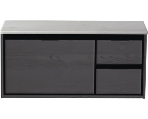 Waschbeckenunterschrank Sanox Loft 47x101x46 cm mit Waschtischplatte 3 Schubladen und Doppelauszug rechts black oak/Kunststein weiß