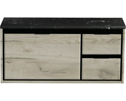 Waschbeckenunterschrank Sanox Loft 47x101x46 cm mit Waschtischplatte 3 Schubladen und Doppelauszug rechts craft oak/Kunststein schwarz