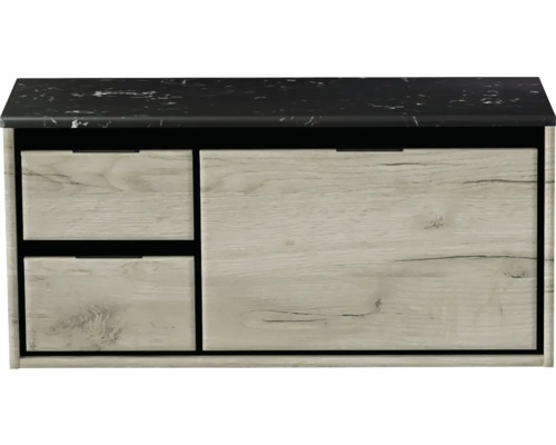 Waschbeckenunterschrank Sanox Loft 47x101x46 cm mit Waschtischplatte 3 Schubladen und Doppelauszug links craft oak/Kunststein schwarz