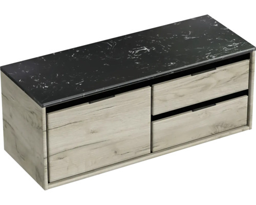 Waschbeckenunterschrank Sanox Loft 47x121x46 cm mit Waschtischplatte 3 Schubladen und Doppelauszug rechts craft oak/Kunststein schwarz