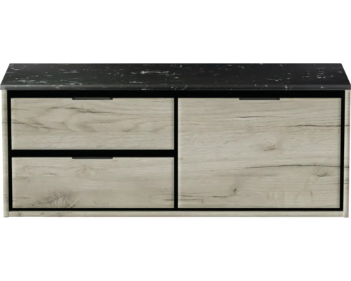 Waschbeckenunterschrank Sanox Loft 47x121x46 cm mit Waschtischplatte 3 Schubladen und Doppelauszug links craft oak/Kunststein schwarz